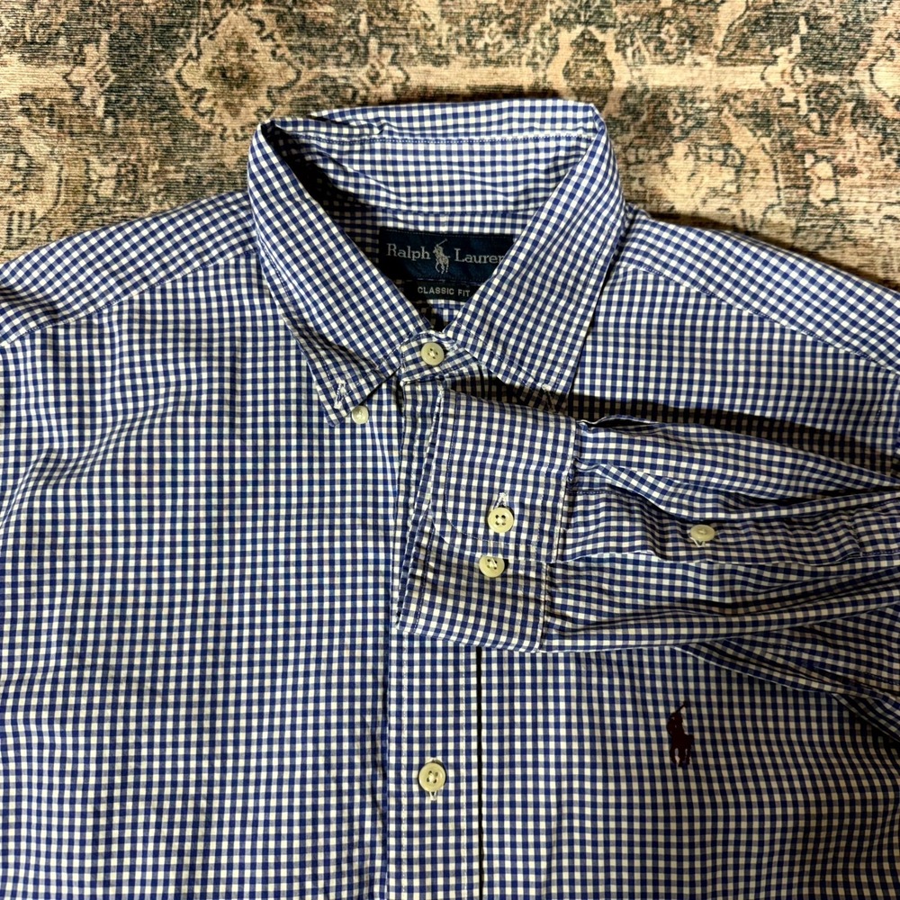 Ralph Lauren Shirt Men's 16.5 Blue Gingham Dress Button-Down‎ Classic Business